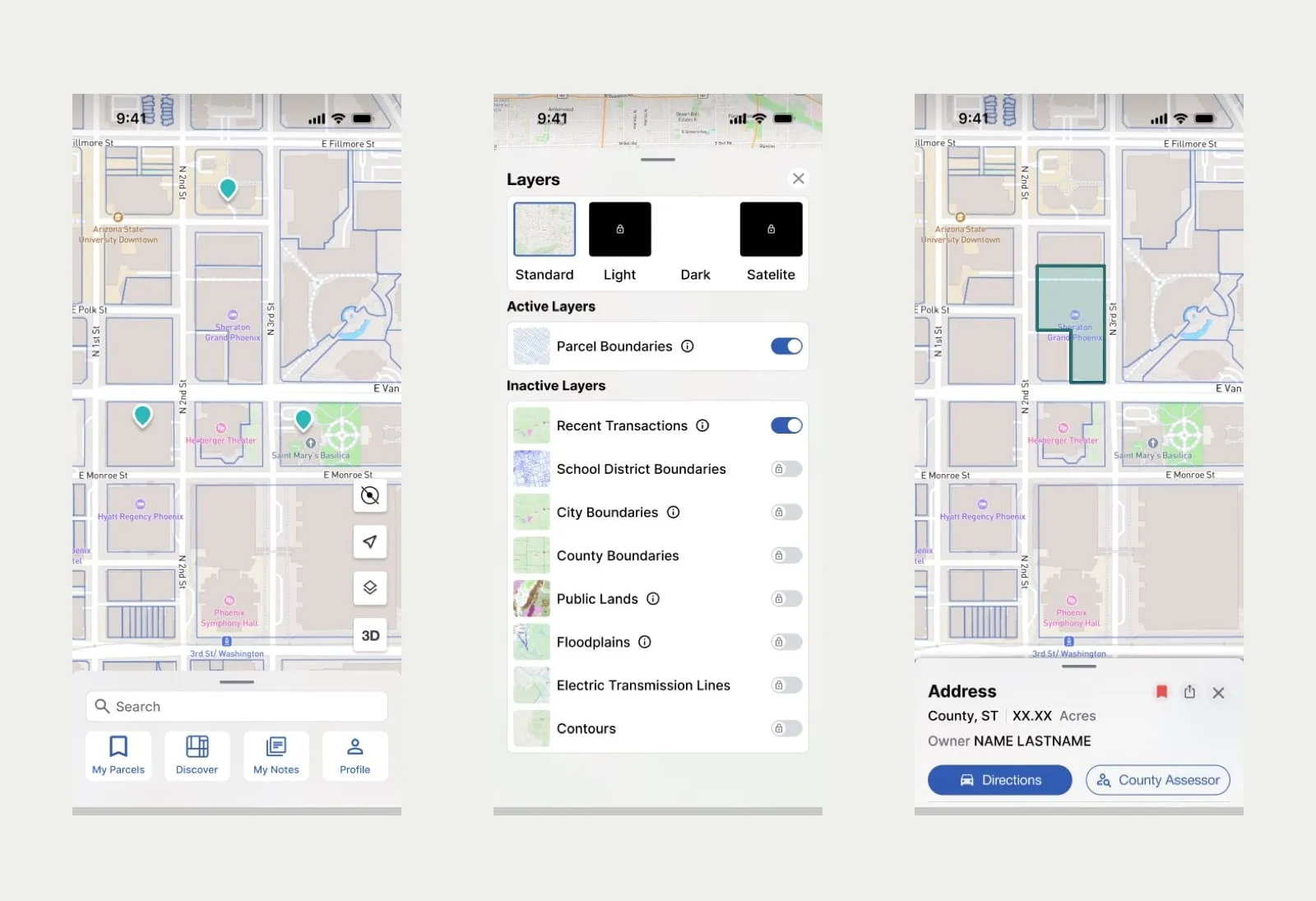 Map, layer panel and an open parcel record on the same map